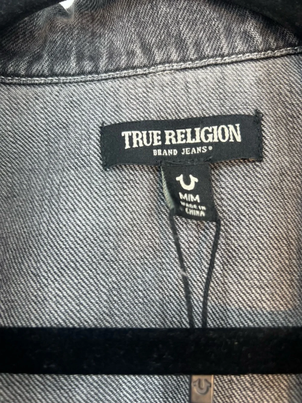 True Religion Oversized Jimmy Denim Jacket Gray Black Raw Hem Men's Medium Y2K